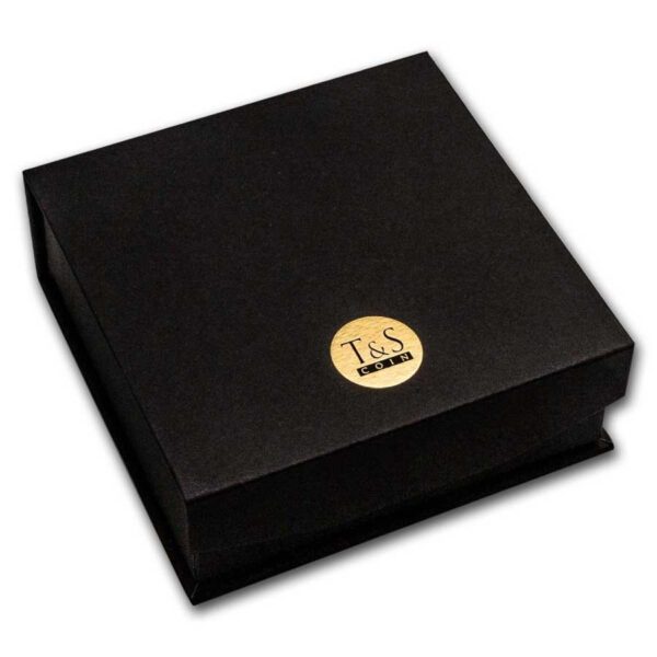 Black presentation box with circular emblem on top, designed for 1oz silver coin.