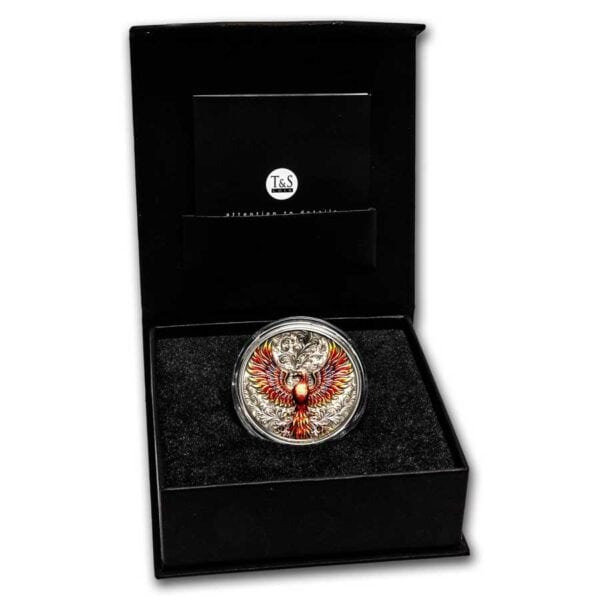 2023 Niue Phoenix 1oz Silver Antiqued High-Relief Colorized Coin displayed in open black presentation box.