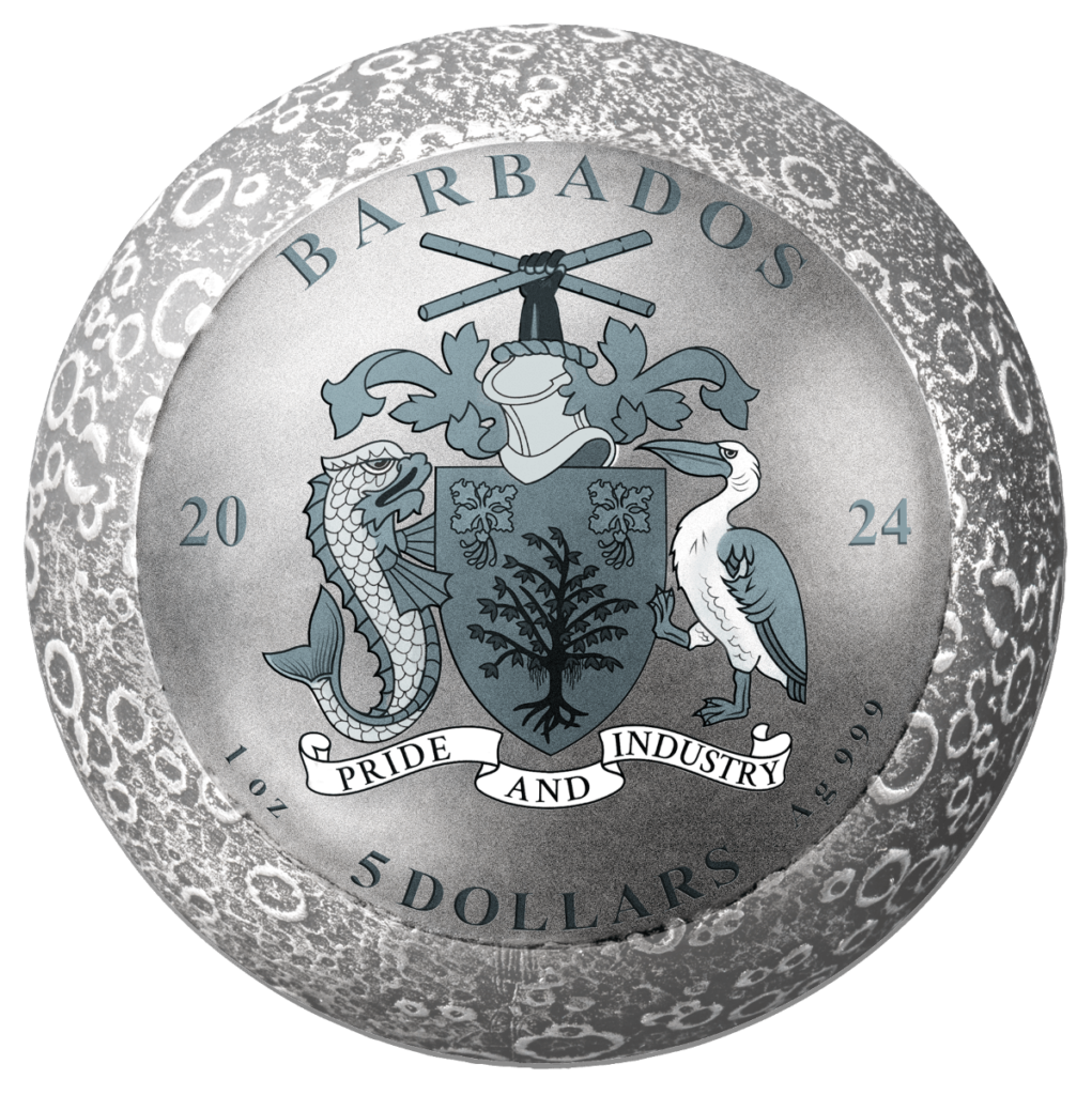 2024 Barbados 55th Ann Moon Landing 1oz Silver Antiqued Spherical Coin   2024 Barbados 55th Ann. Moon Landing 1oz Silver Antiqued Spherical Coin GR Reserve Back 1021x1024 