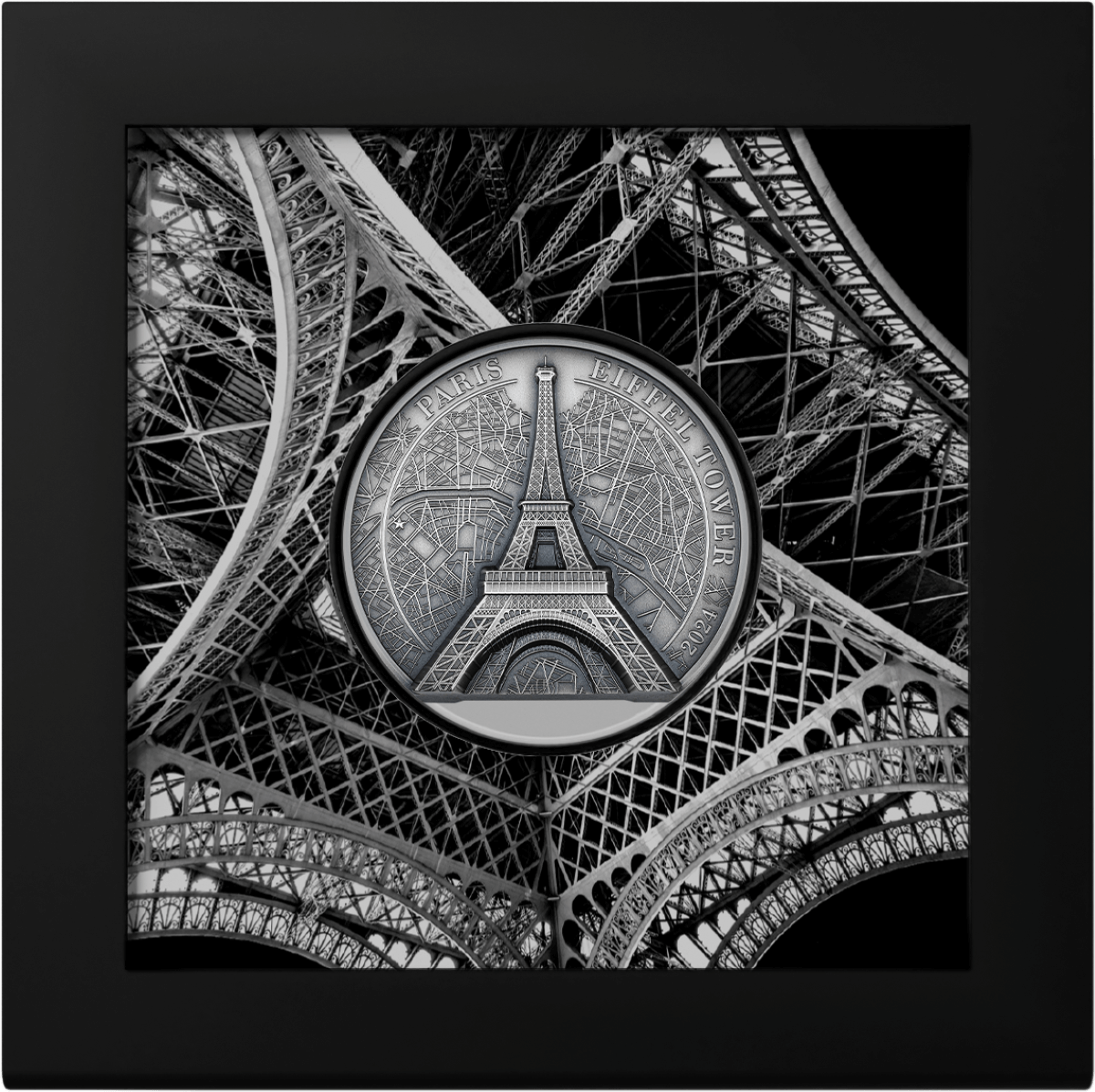 2024 Cook Islands Historical Monuments Eiffel Tower 5oz Silver Coin   2024 Cook Island Historical Monuments Eiffel Tower 5oz Silver Antiqued Coin GR Reserve Box 