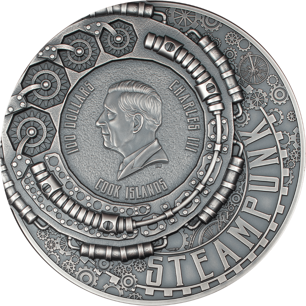 1924 Cook Islands Steam Age collectible coin with intricate gear and machinery design, silver tone, depicts a profile of a man surrounded by technology elements.
