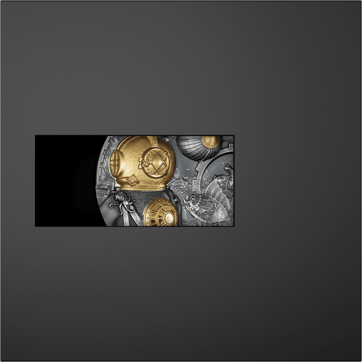 Gold and silver steampunk themed collectible coin set with intricate gears and machinery design.