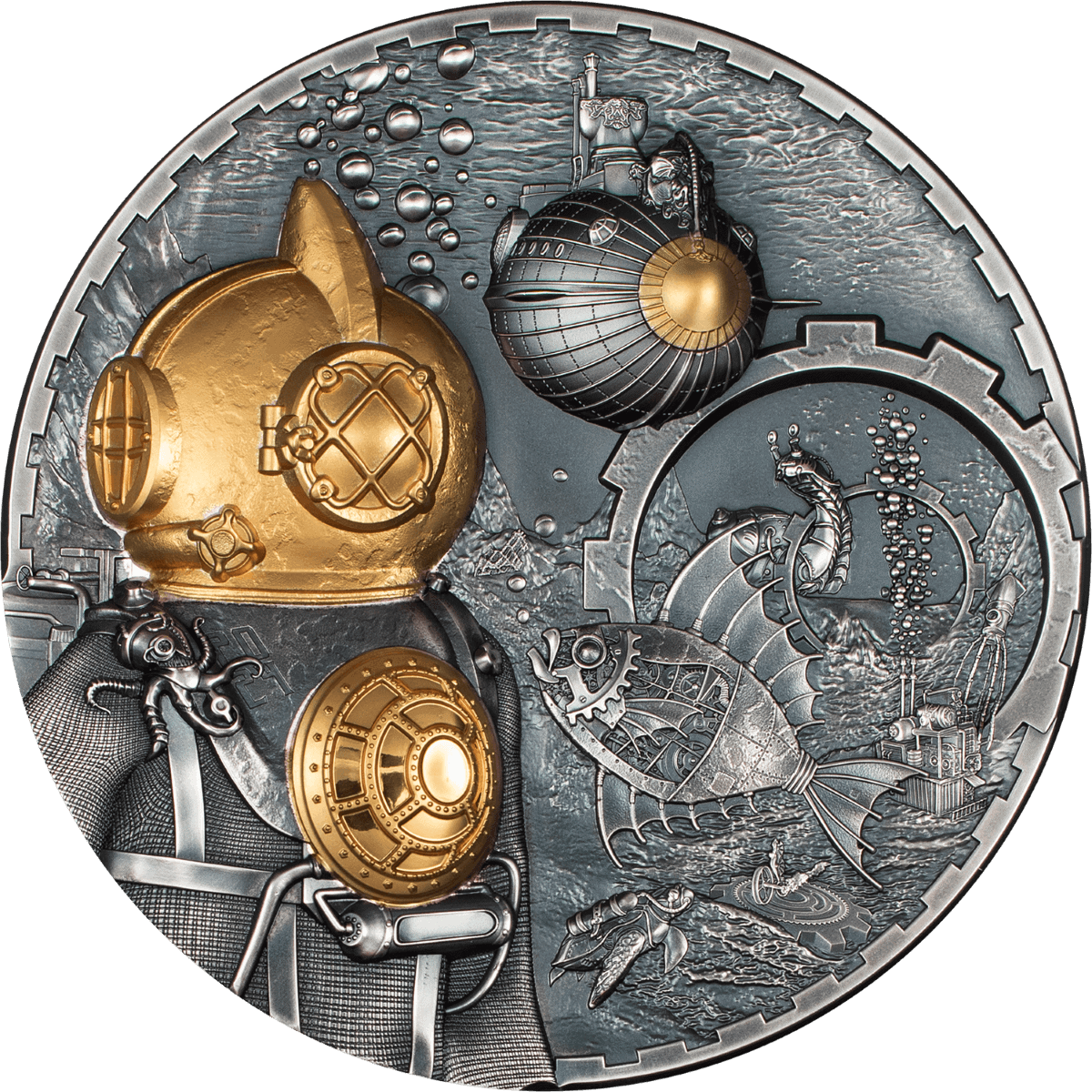 Antique diver helmet coin with gold accents, underwater scene with submarine, sea creatures, and gears, part of a steampunk-inspired collectible series, detailed metal design, 2023.