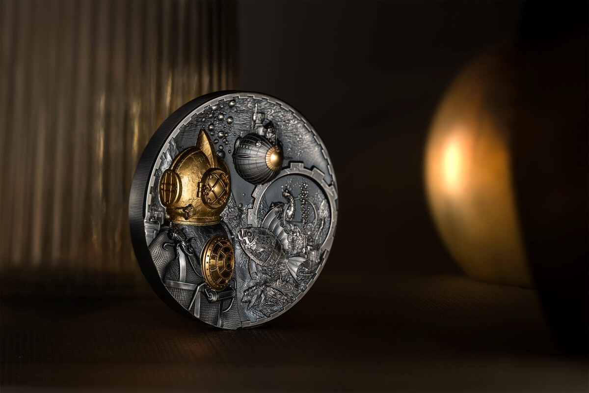 Intricate collectible coin featuring detailed engravings, gold and silver accents, and space-themed motifs with lunar and astronaut designs, perfect for space enthusiasts.