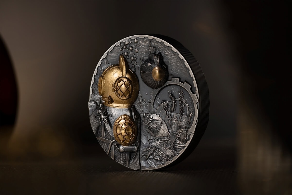Intricate collectible coin featuring detailed metallic design elements, including gold and silver finishes, themed around adventure and exploration.