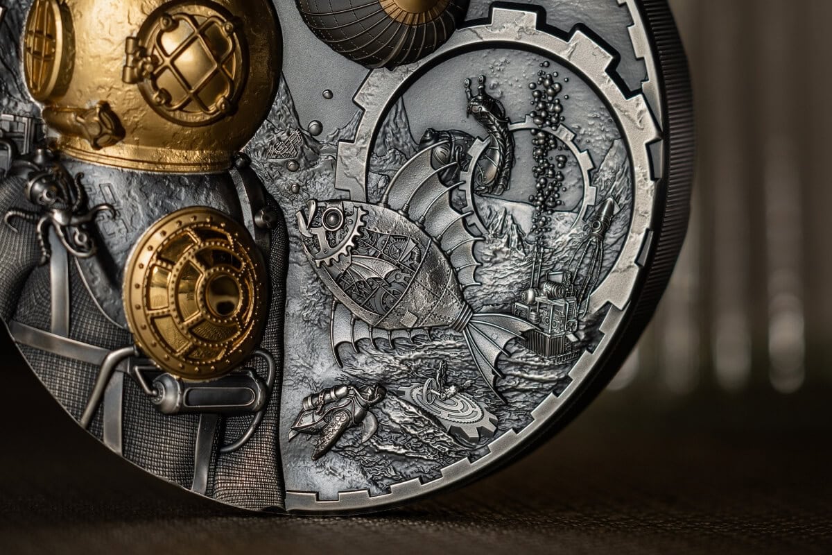 Antarctica 2022 limited edition collectible coin with detailed engravings of explorers and icy landscapes, featuring intricate mechanical and artistic design elements.