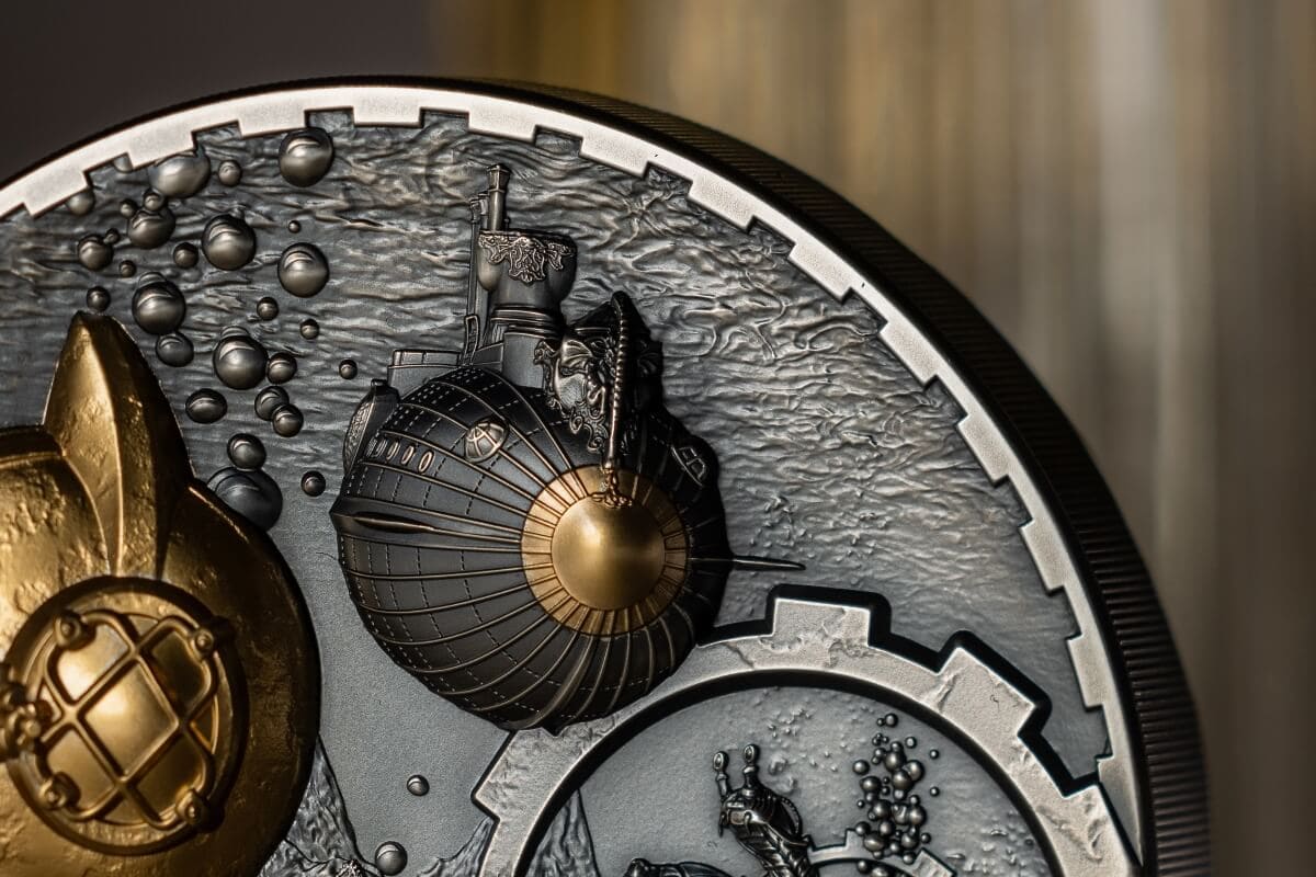 Detailed close-up of a collectible coin featuring a vintage submarine design with textured backgrounds and metallic accents, highlighting craftsmanship and artistic detail, perfect for numismatic collectors.