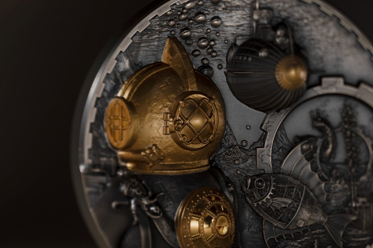 Gold and silver collectible coins with industrial and steampunk design elements, intricate engravings, and date markings, set against a dark textured background.