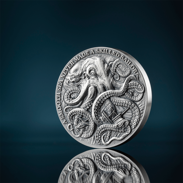 2024 Ghana Life Quotes Kraken 1oz Silver High Relief Antiqued Coin - Image 3