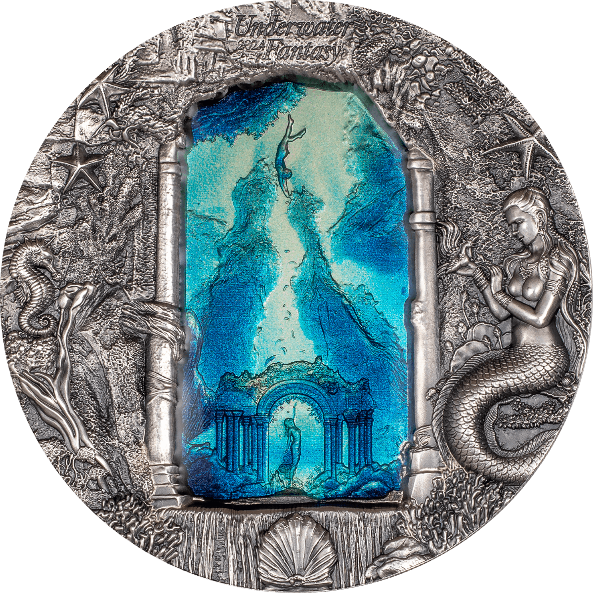 2024 Palau Underwater Fantasy Mermaids 3oz Silver Antiqued Coin   2024 Palau Underwater Fantasy Mermaids 3oz Silver Antiqued Coin GR Reserve Front 