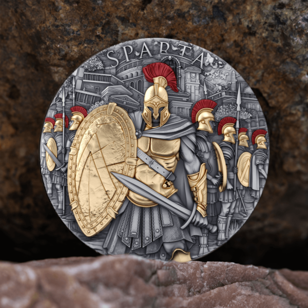 2023 Niue Sparta 2 oz Silver Antiqued Gilded High Relief Coin - Image 4