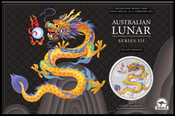 2024 Australia Melbourne Expo Lunar Yellow Dragon 1 oz Silver Coin in Card