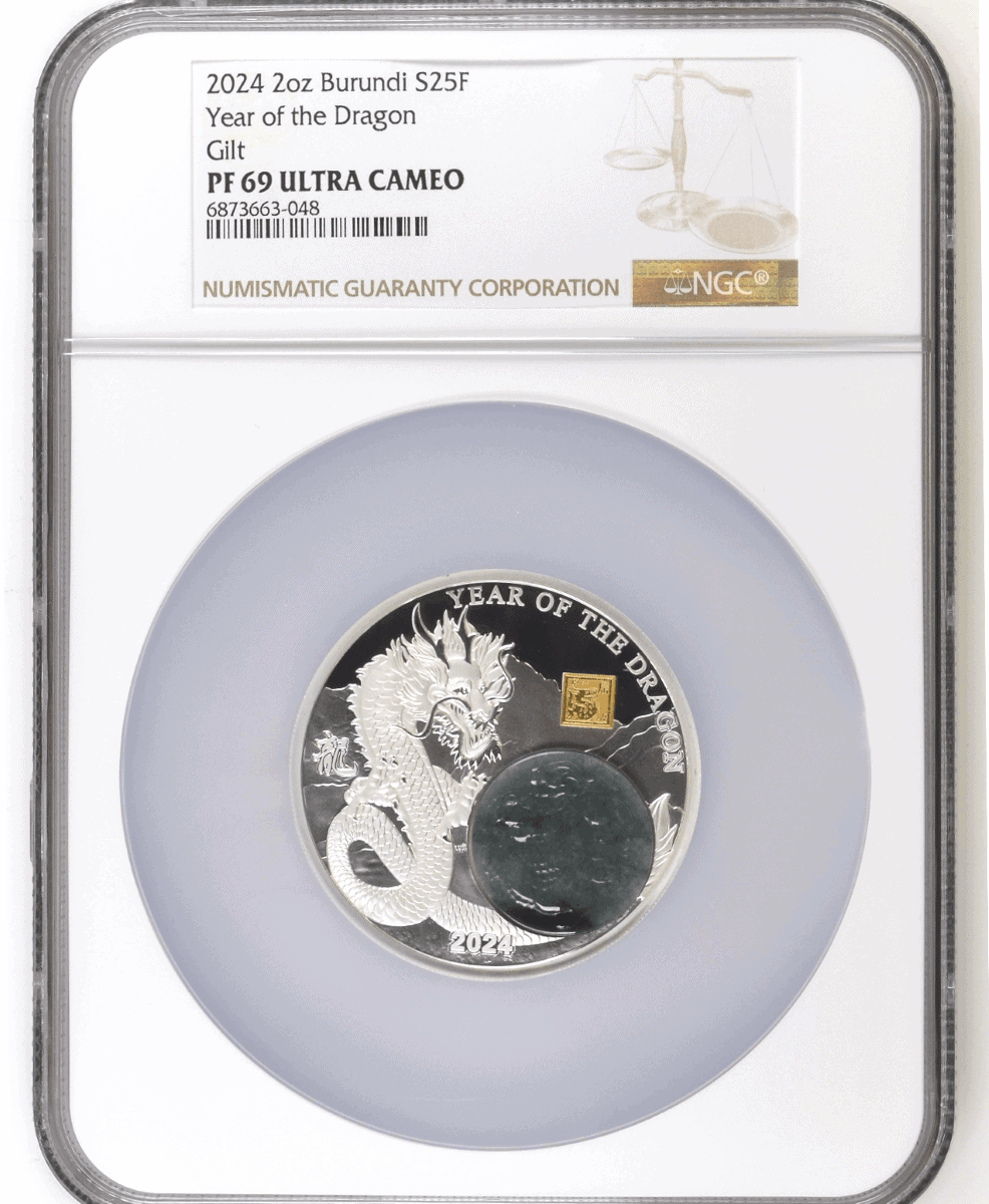 Burundi 2024 Year of the Dragon Silver Gilt Coin, PF69 Ultra Cameo, Encapsulated by NGC.
