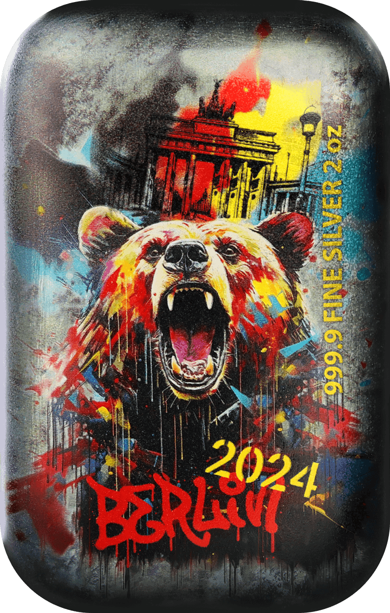 1999 9.9 FINE SILVER BEAR 2024 collectible coin with colorful graffiti-style art of a roaring bear and cityscape background.