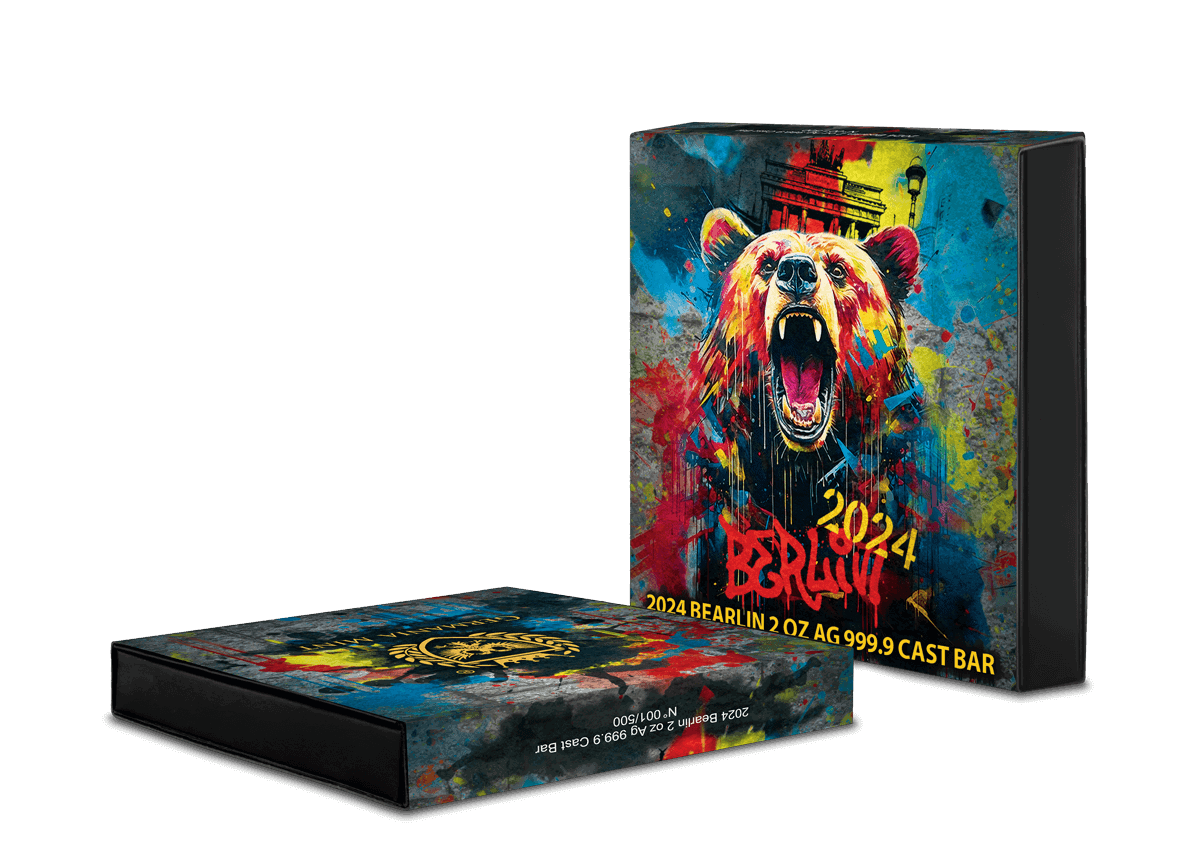 2024 Berlin 2 Ounce Gold Coin with colorful bear illustration, aggressive growl design, year, country, weight, purity details, and stylized graffiti text.