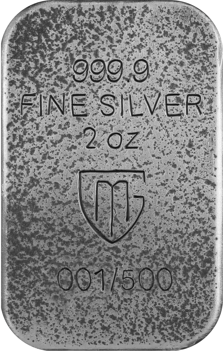 999.9 fine silver 2 oz collectible bar with shield logo and serial number 001/1500 on textured surface.
