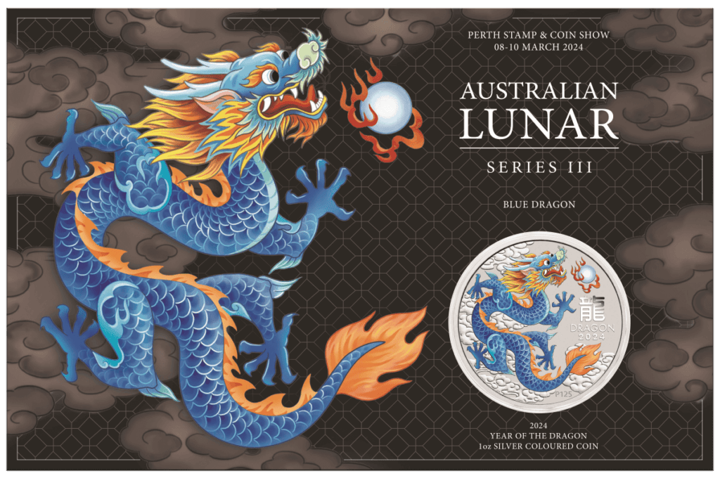 2024 Australia Stamp and Coin Lunar Blue Dragon 1 oz Silver Coin in