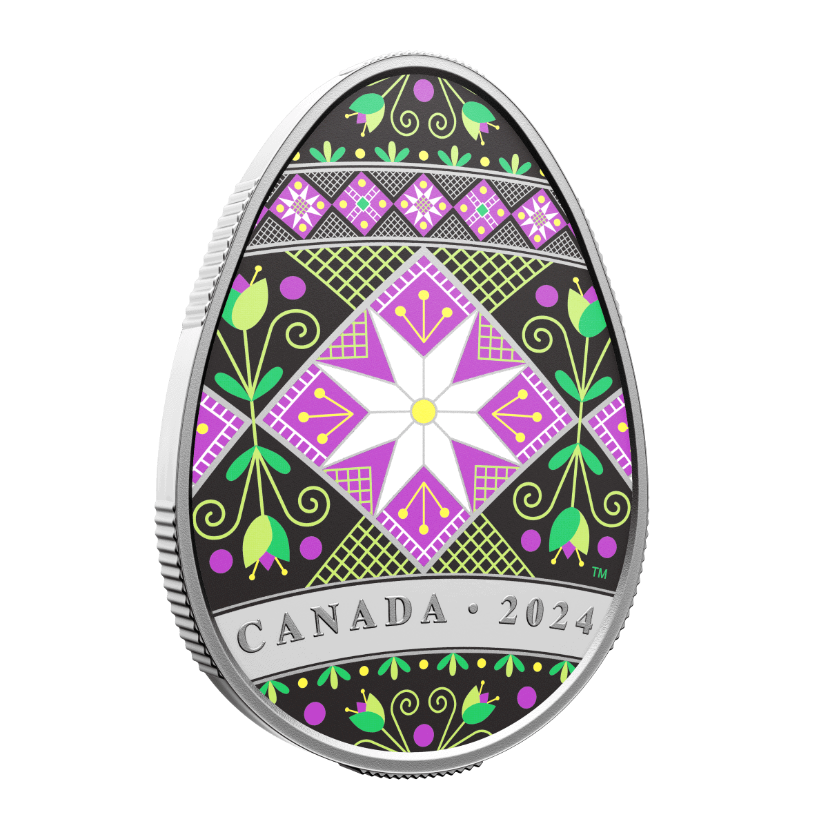 Intricate colored collectible coin featuring floral and geometric patterns, marked with "Canada 2024," showcasing detailed design and vibrant colors on a black background.