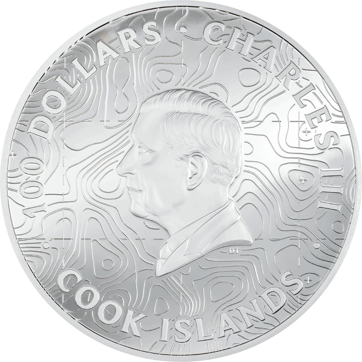 Men’s silver coin featuring a detailed portrait of a man in profile with the text "100 DOLLARS" and "CHRISTI" along the upper edge, and "COOK ISLANDS" at the bottom. Year inscribed on the coin.
