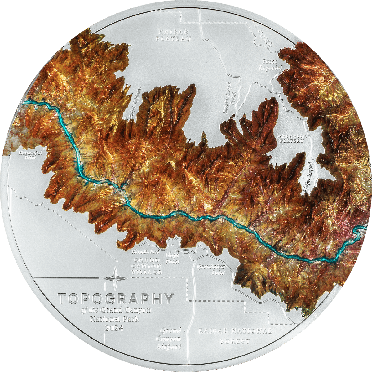 2024 Cook Islands Topography Grand Canyon 1 Kilo Silver Colorized Proof   2024 Cook Islands Topography Grand Canyon 1 Kilo Silver Colorized Proof Coin GR Reserve Front 