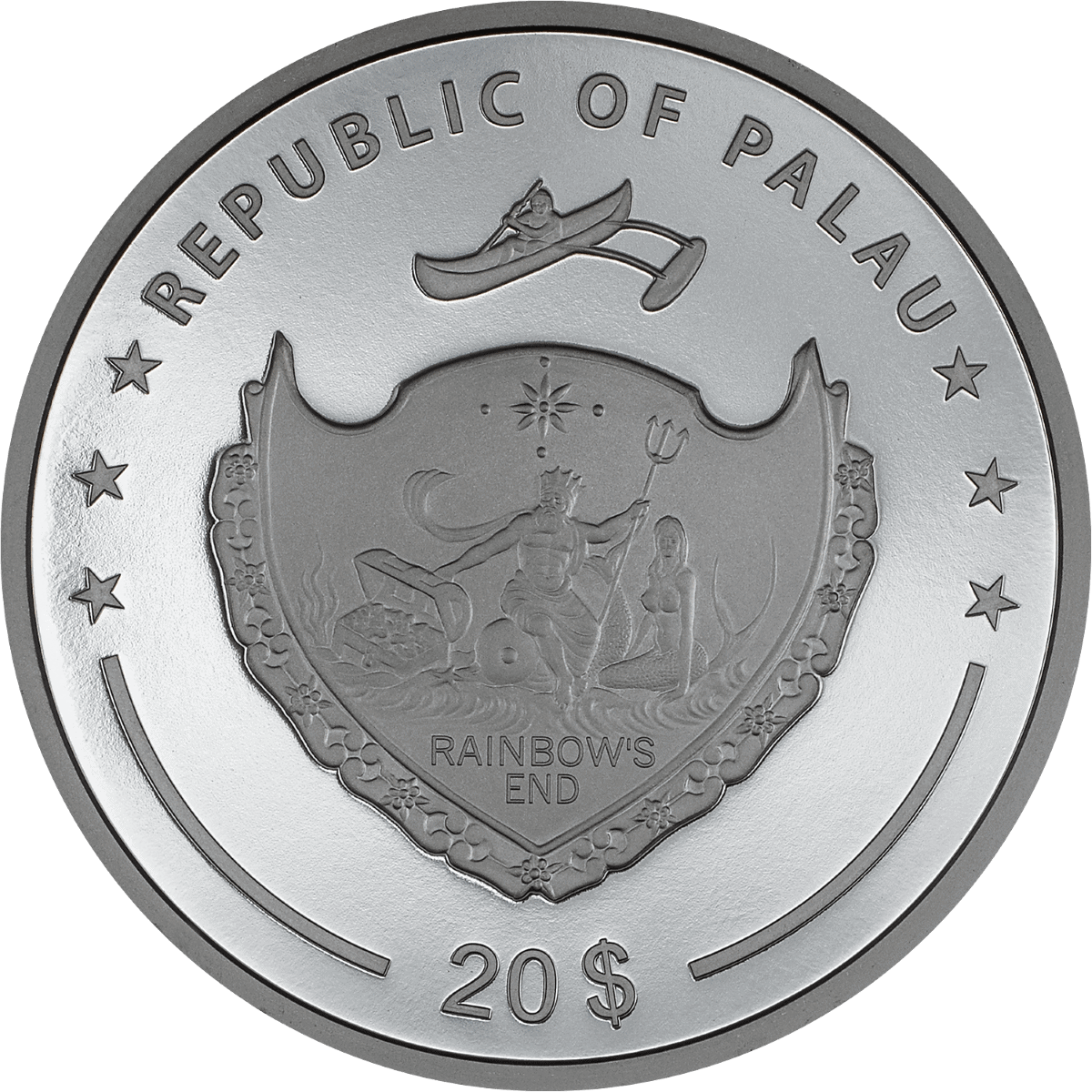 Polish 20 Dollar coin featuring Rainbows End design with mythological figures and intricate details.