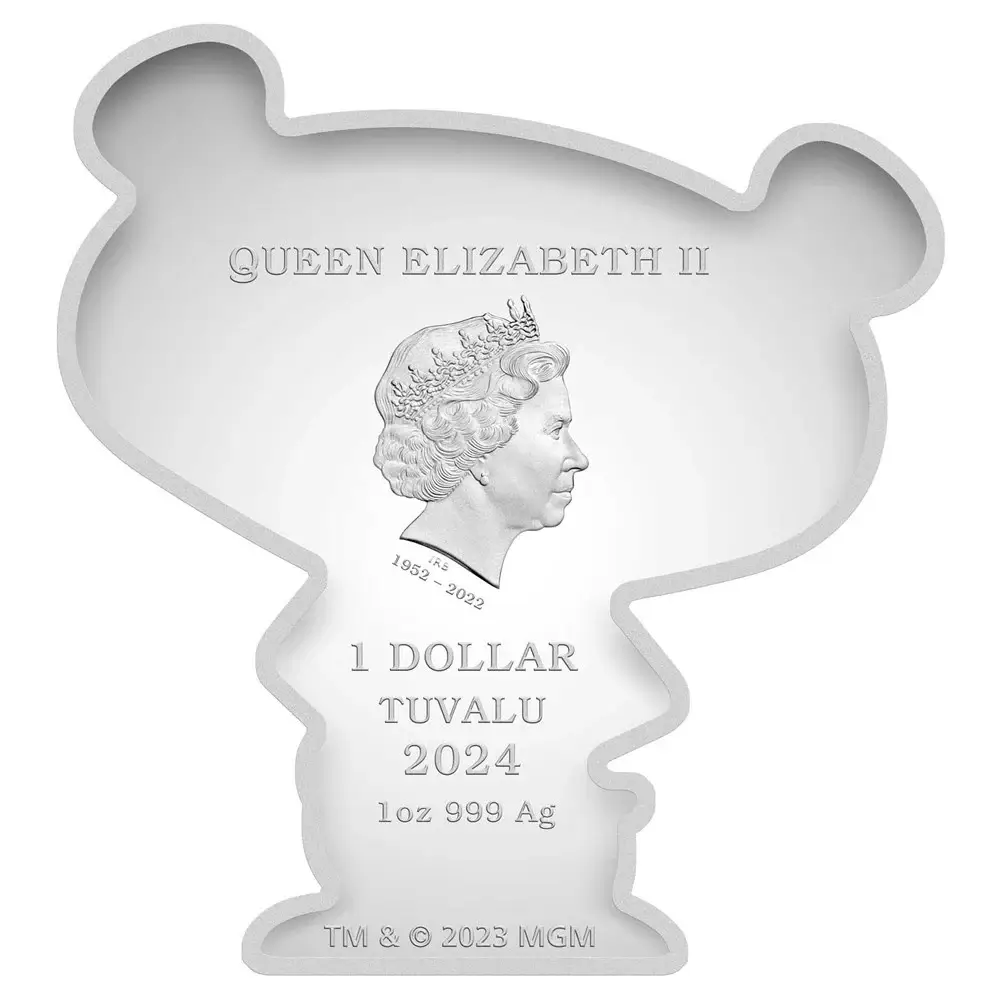 Silver coin embedded in a bear-shaped frame, featuring Queen Elizabeth II, 1952-2022, for the year 2024 from Tuvalu, with a face value of 1 dollar, made of 999 silver.