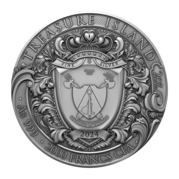 2024 Cameroon Treasure Island 2 oz Silver Antiqued High Relief Coin - Image 2