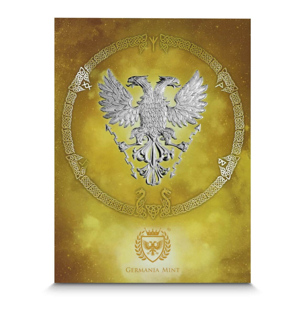 Silver Germania Mint coin featuring a double-headed eagle with intricate detailing and a decorative border, representing German heritage and craftsmanship.