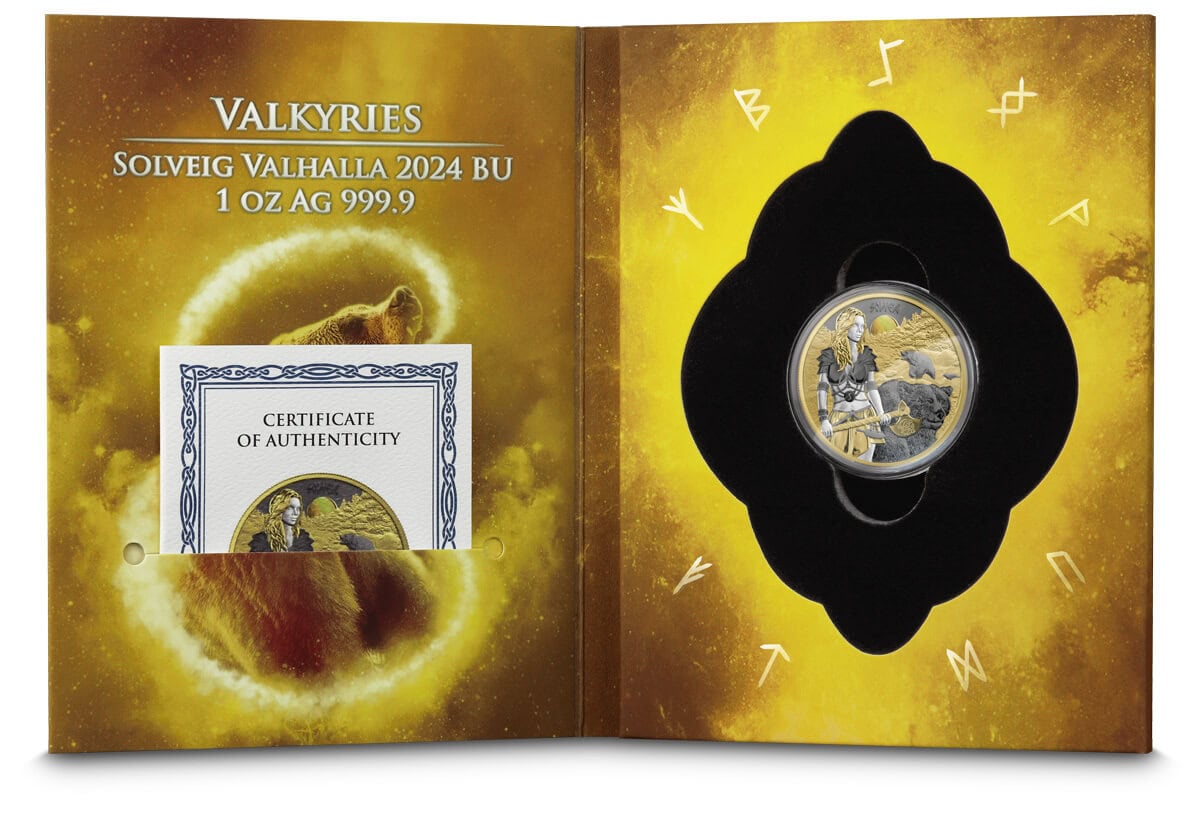Valkyries collectible coin, 2024 Norway, SOLVEIG VALHALLA 1 oz AG 999.9, in packaging with certificate of authenticity, featuring a detailed depiction of a Valkyrie.