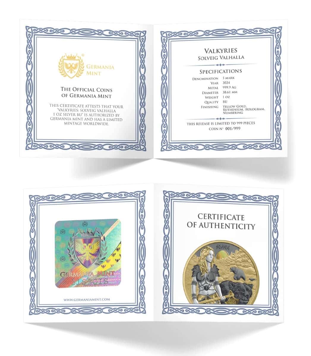 Germany Valkyries Solveig Valhalla 2024 silver coin digital certificate and authenticity documentation, limited to 999 pieces, showcasing intricate design details and high-quality craftsmanship.