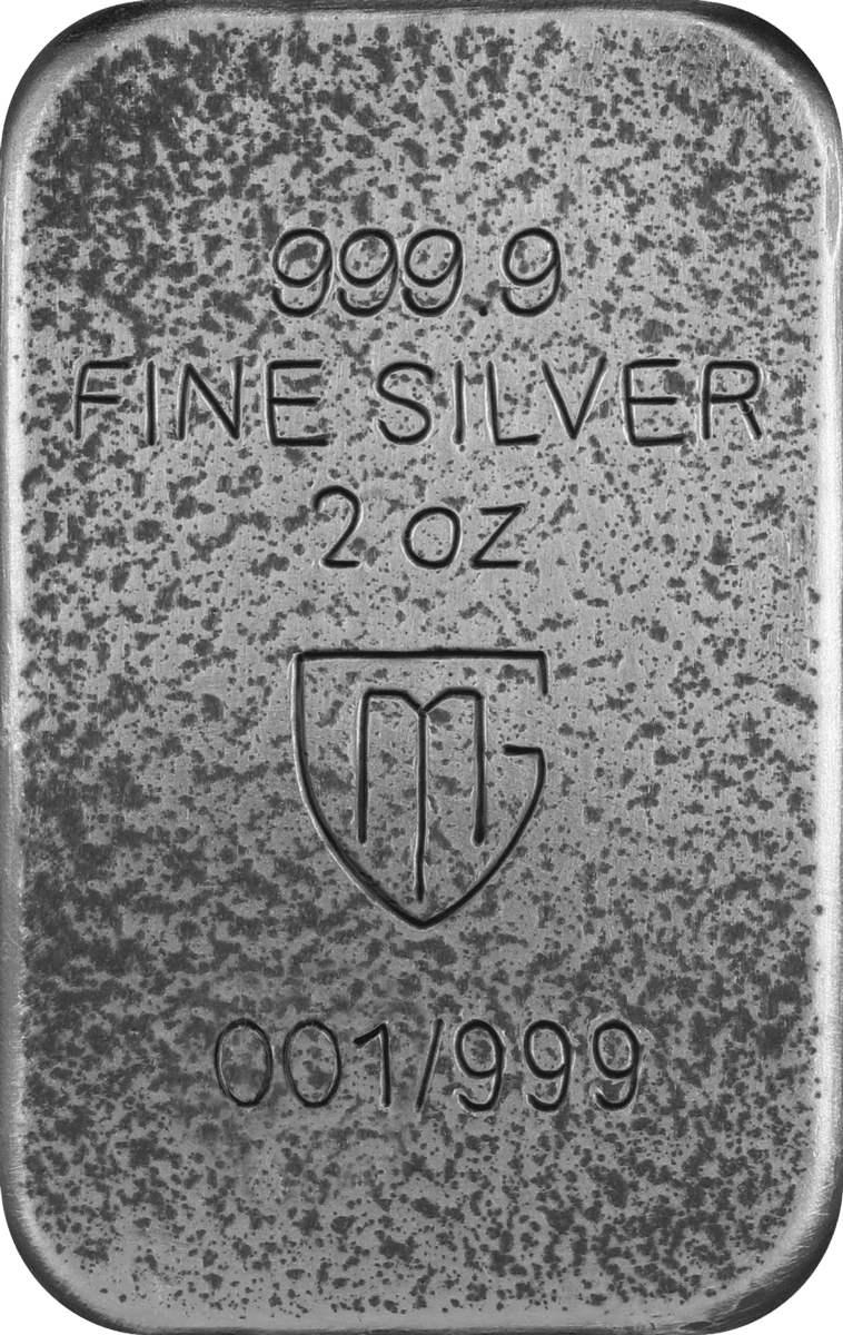 999.9 fine silver 2 oz collectible bar, with serial number 001/999, featuring a textured surface and logo engraving, ideal for investors and collectors.