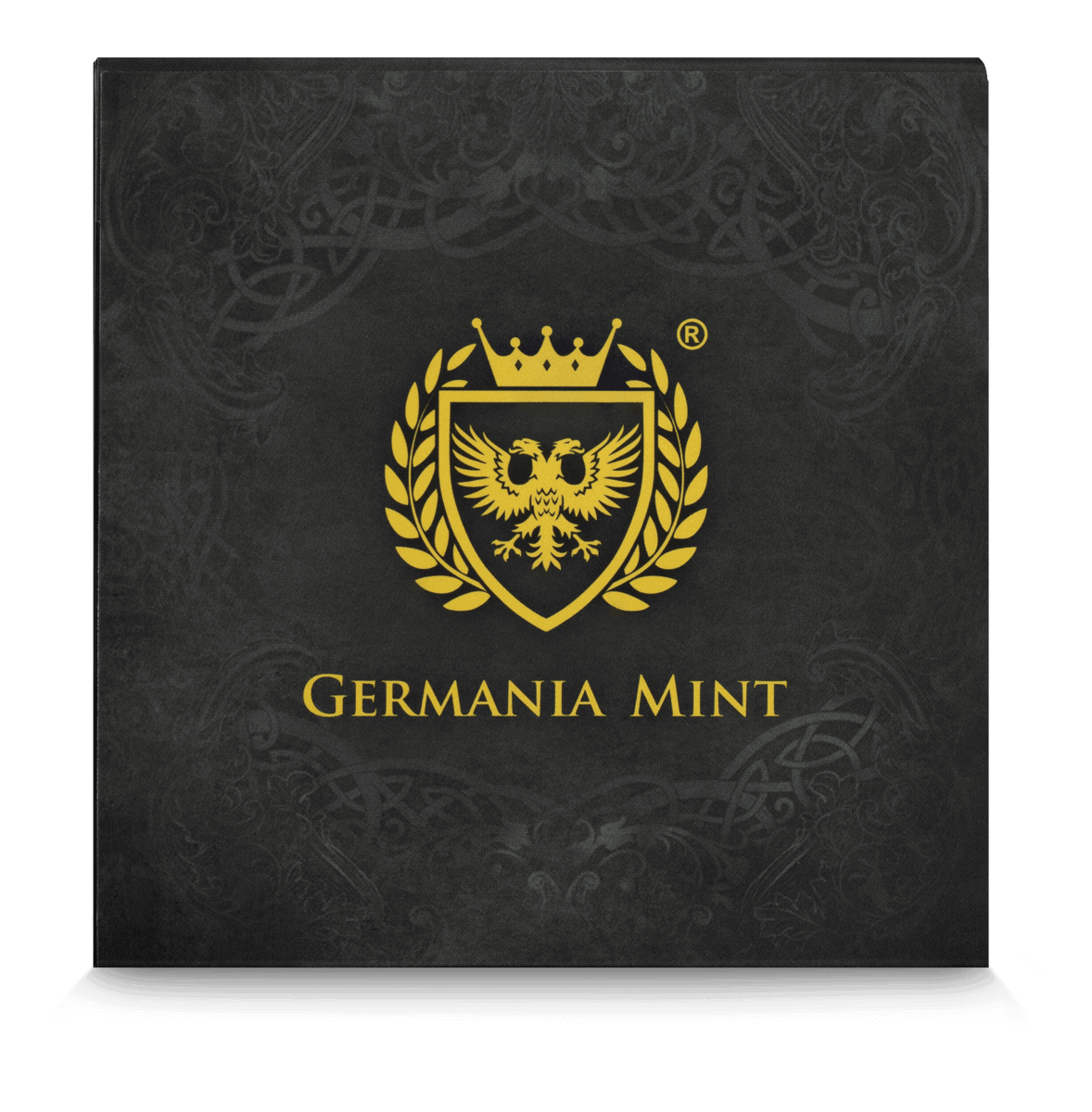 Gold and black collectible coin packaging with a heraldic eagle crest and the text "Germany Mint" on the box, reflecting high-quality, limited-edition coin presentation.