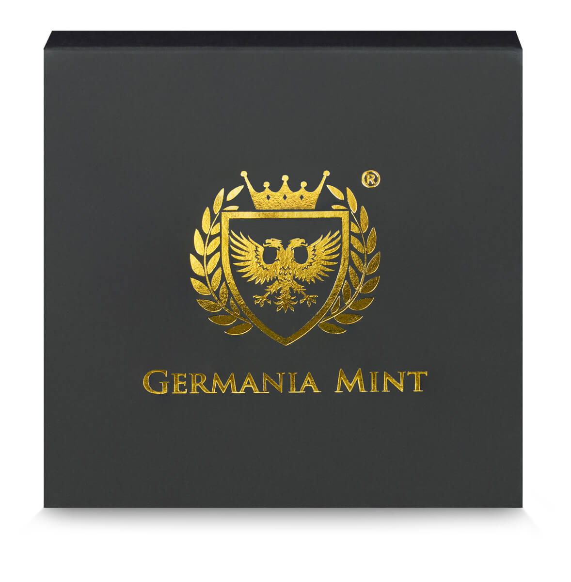 Luxurious black box with gold embossed emblem and "Germanya Mint" text, featuring a crowned shield with a double-headed eagle, representing high-quality collectible coins.