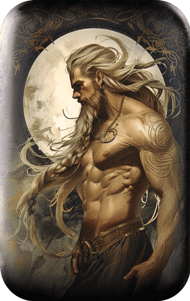 Intricately detailed collectible coin featuring a muscular mythological warrior with long flowing hair, tattoos, and a moonlit background, from https://grreserve.com.