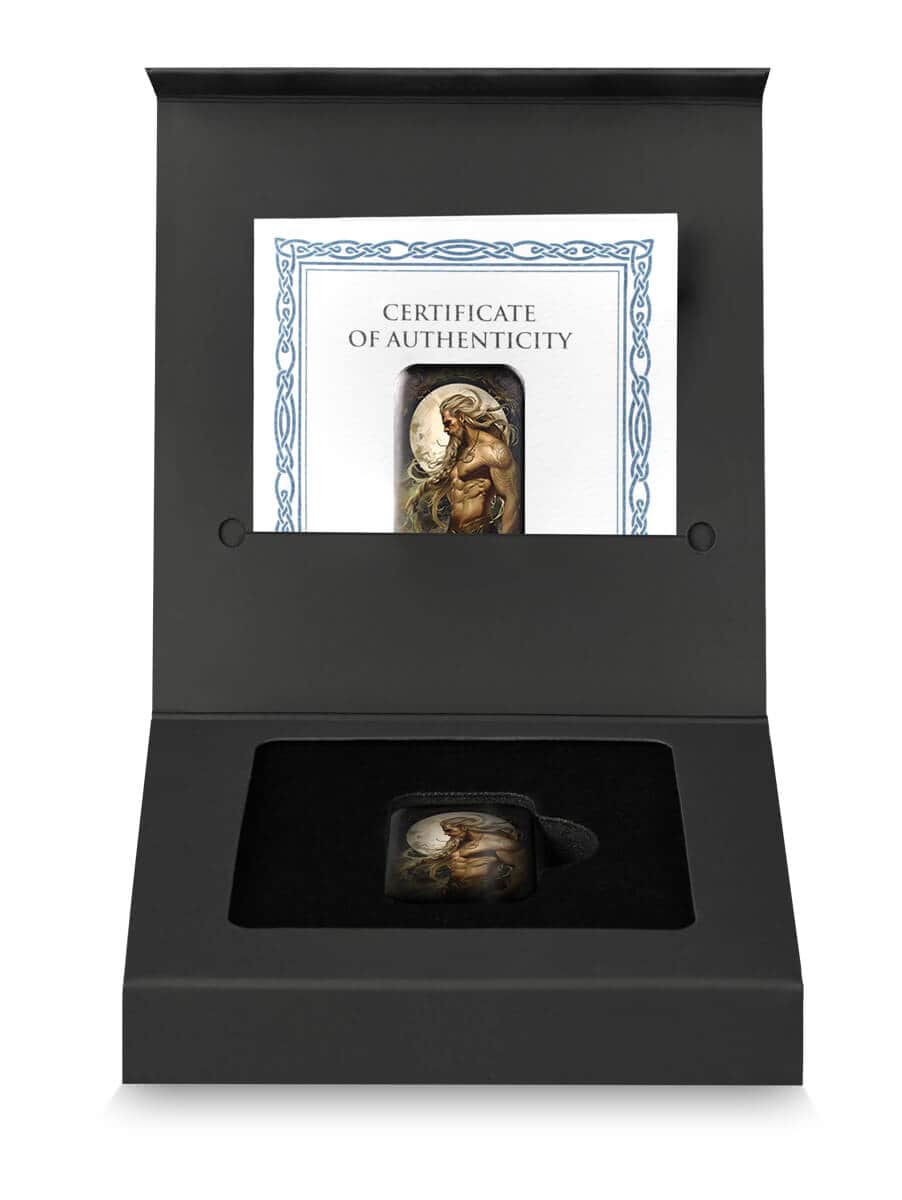 Gold-colored collectible coin with a mythological figure design, presented in a sleek black display case. Includes a Certificate of Authenticity for collectors and enthusiasts.
