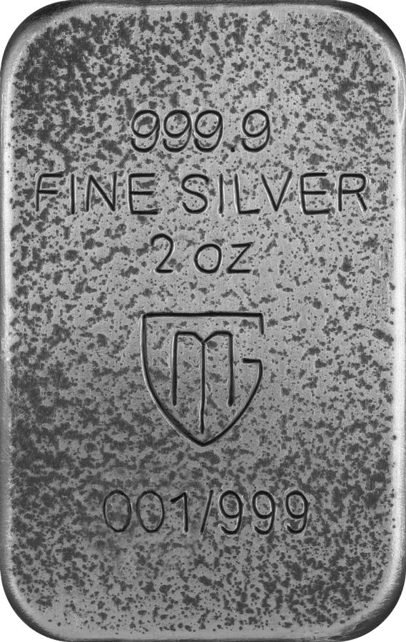 999.9 fine silver bullion bar, 2 oz, serial number 001/999 with shield emblem, textured surface, commemorative collectible coin, minted in 2023.