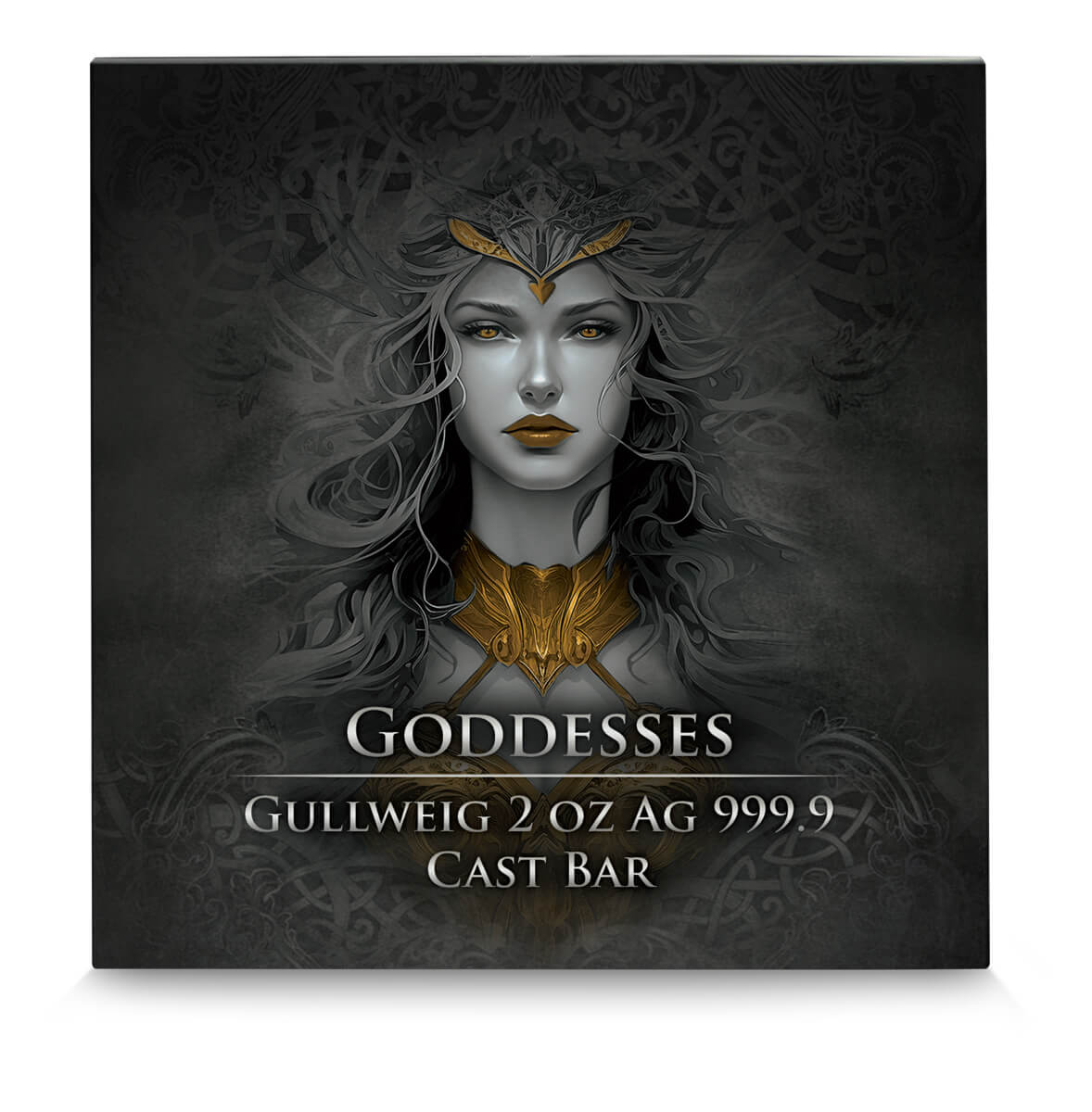 Goddesses Gullweig 2 oz AG 999.9 Cast Bar collectible coin featuring a detailed female goddess illustration with gold accents and intricate design elements.
