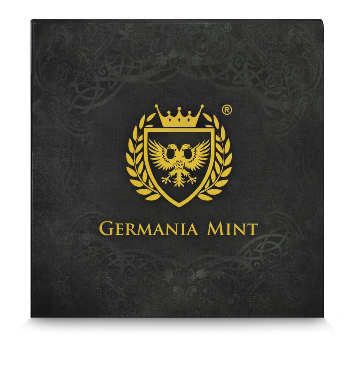 Golden crest emblem with lion and crown on black background, "GERMANIA MINT" text, black coin collection display box.