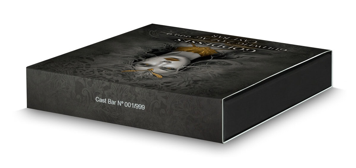Grails 2023 collectible coin set with limited edition serial number 001/999, featuring an artistic design with a masked figure and ornate background.