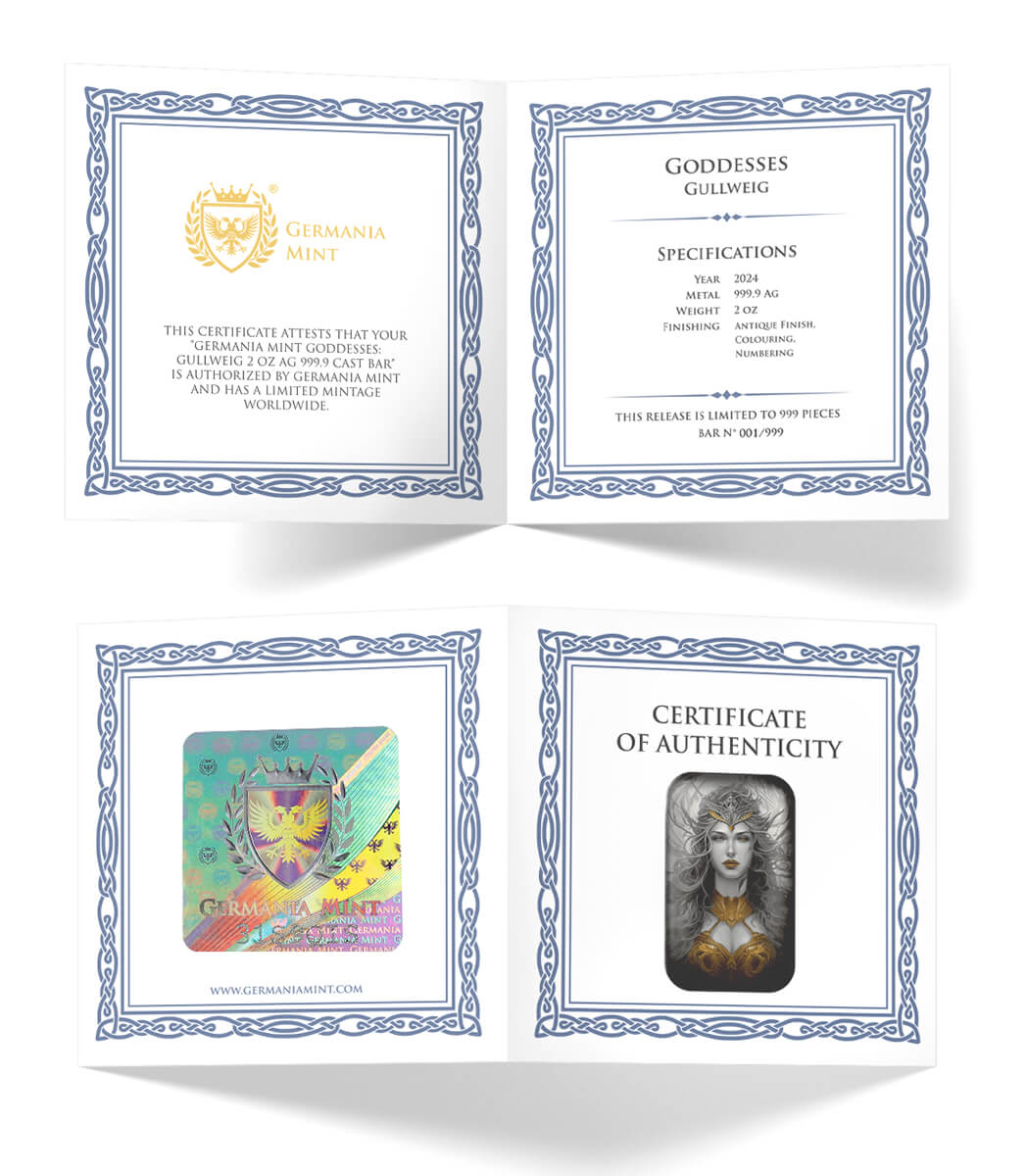 Germanya Mint 2024 Goddess Gullweig 2 oz .9999 AG collectible coin with antique finish, colorful design, limited to 999 pieces, serial number BAR n° 001/999, official certification and authenticity document.