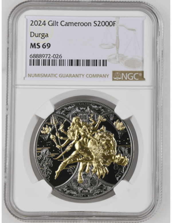 2024 Cameroon Durga 1 oz Silver Ruthenium Dark Gilded Coin NGC MS 69