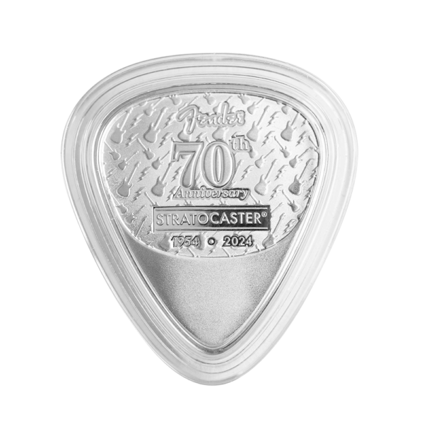 2024 Fender 70th Ann. Stratocaster Guitar Pick 10 Gram Silver Shaped Coin - Image 3