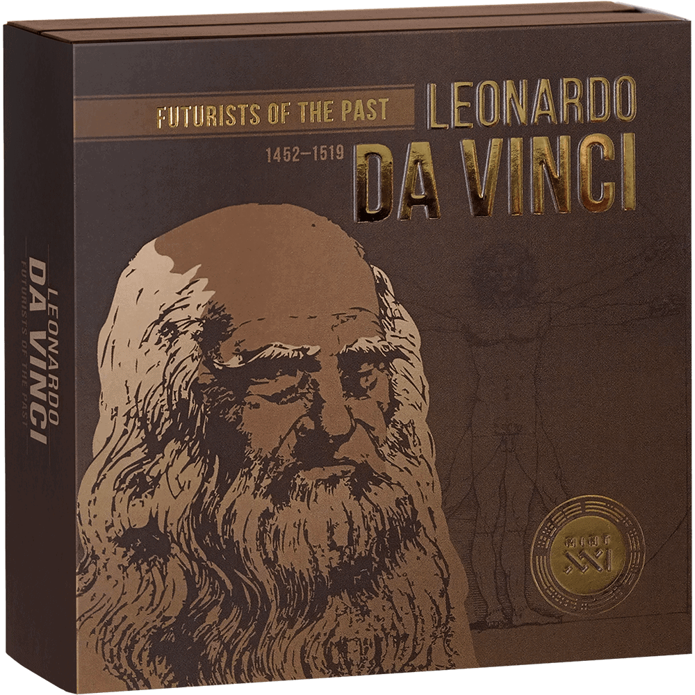 Leonardo da Vinci collectible coin, part of the "Futurists of the Past" series, featuring his portrait and historical details, issued in 2023 for numismatic collectors.