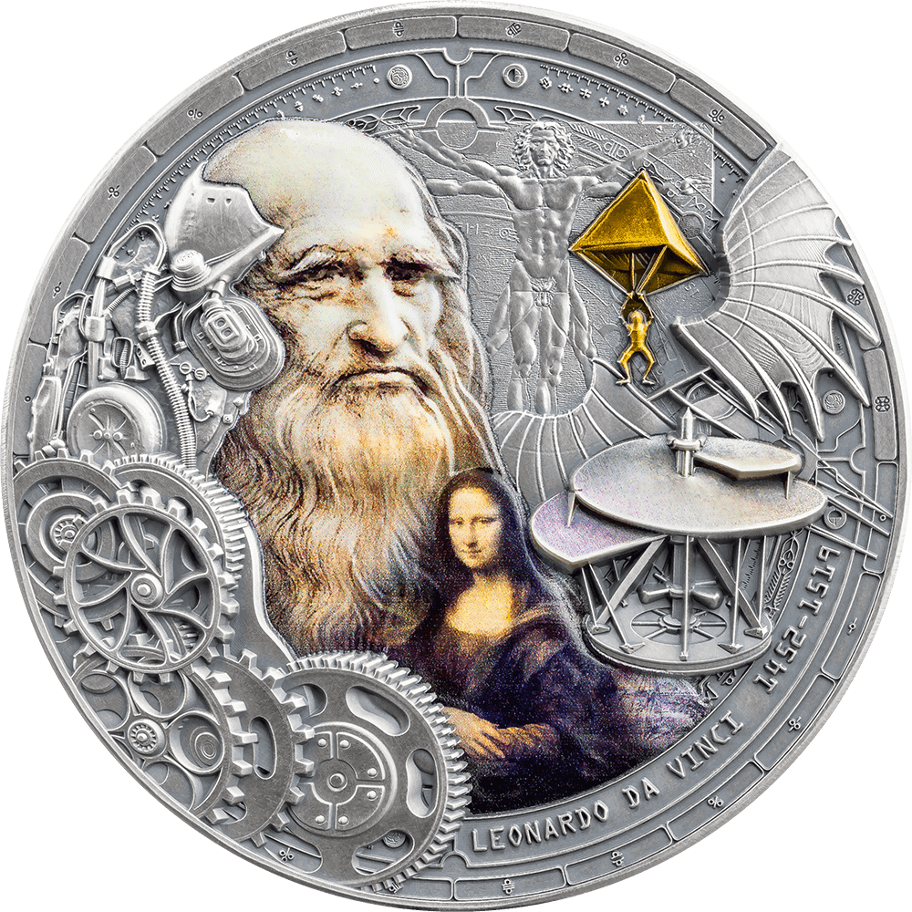 Engraved silver coin featuring Leonardo da Vinci and the Mona Lisa, with mechanical gears and a flying machine, commemorating Renaissance innovations and artistry in Italy 2023.