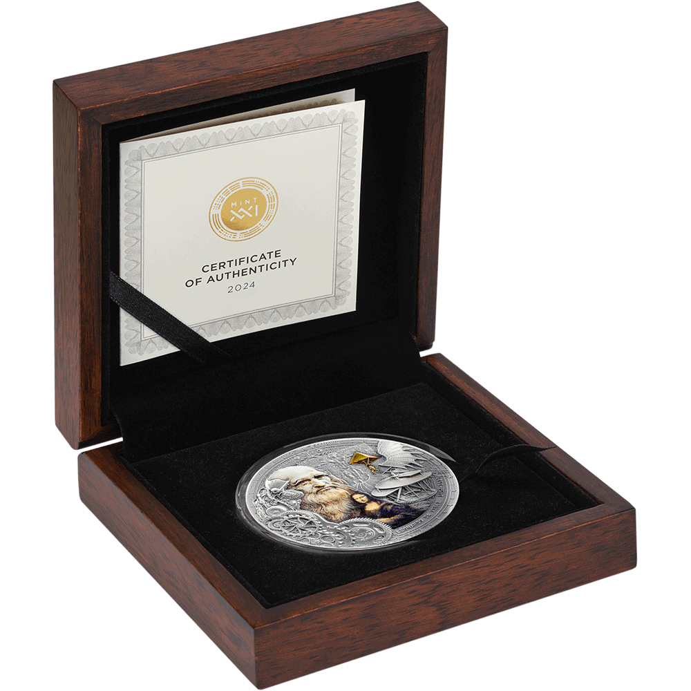 Gold and silver collectible coin featuring an intricate design and a portrait, housed in a wooden presentation box with Certificate of Authenticity for 2024.