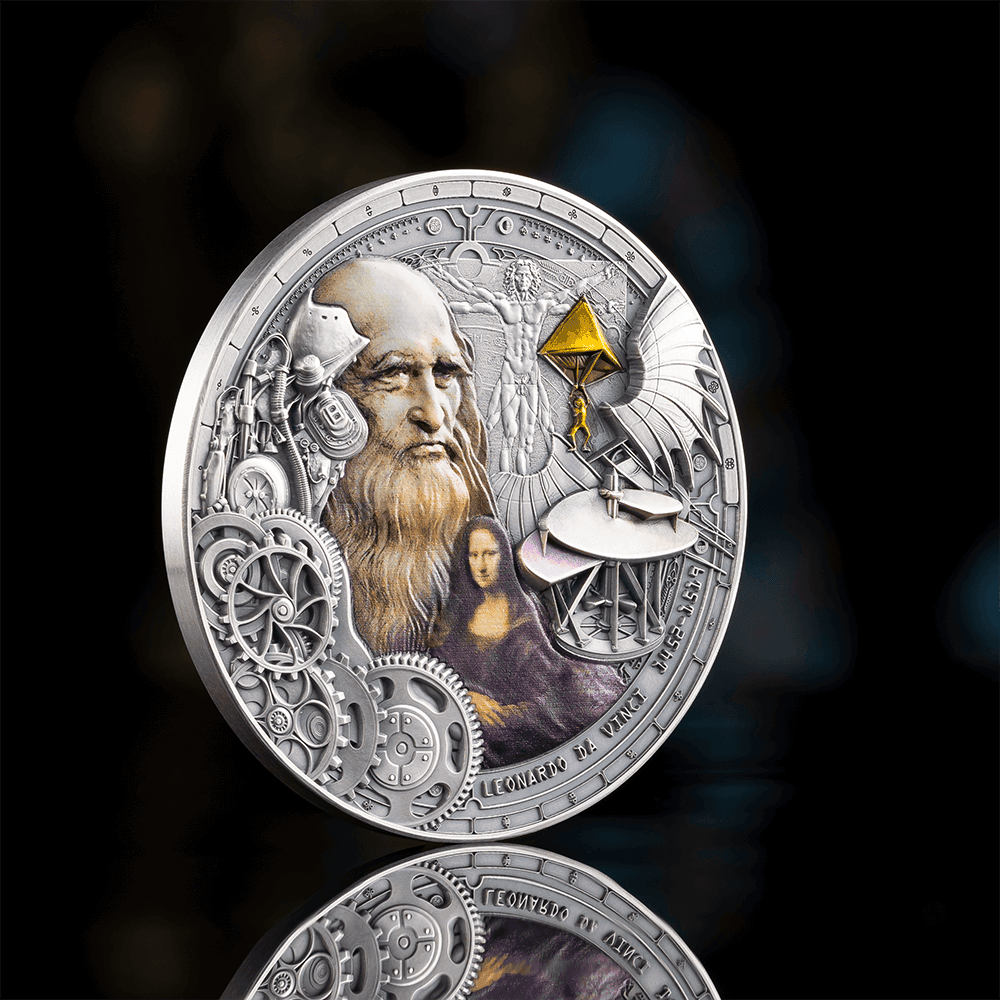 Ionian Odyssey 2023 Colombia coin, 1 oz silver, with Leonardo da Vinci and futuristic design elements, including gears and a flying machine.