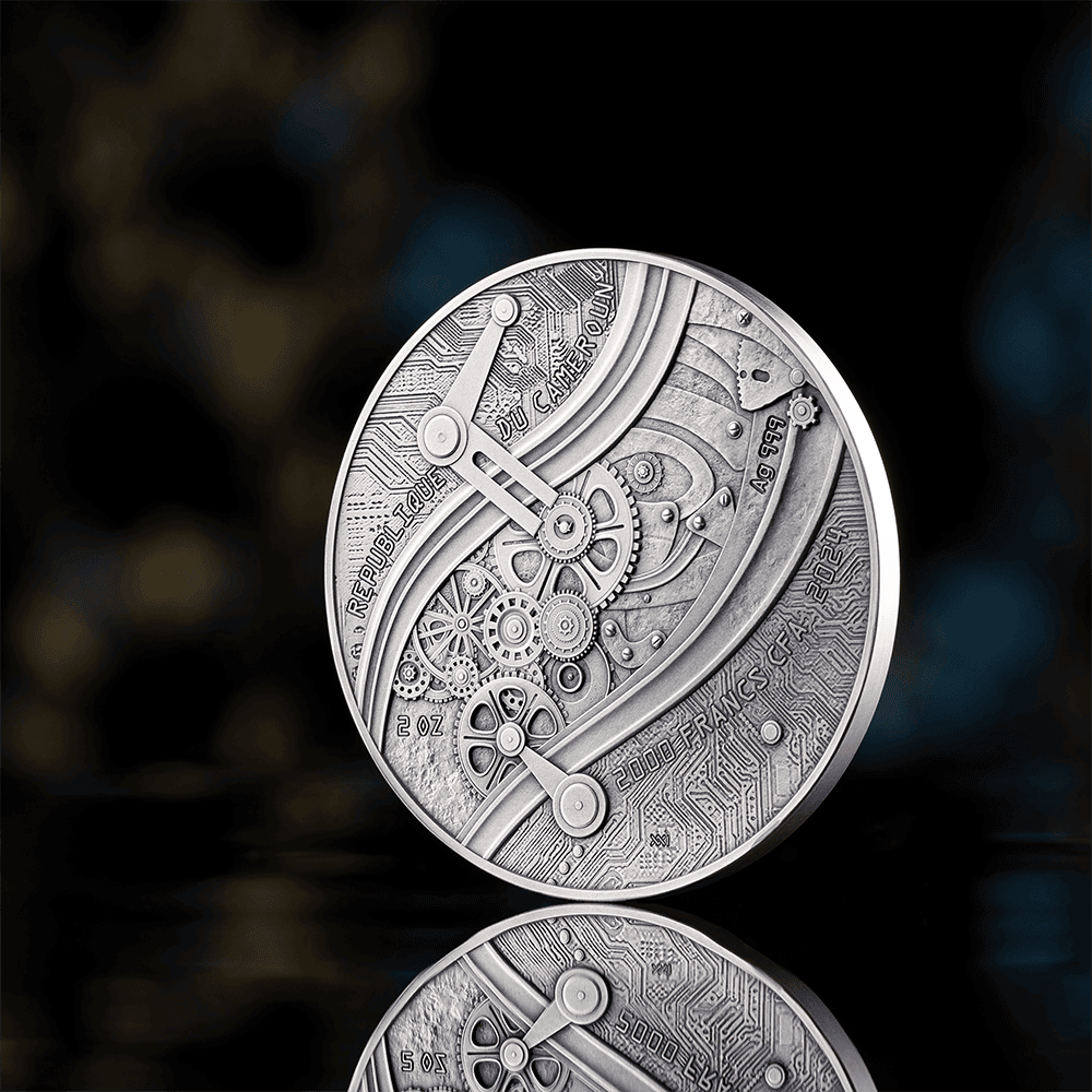 METAL - Silver watch face, intricate gear design, "République Française" text, 2022, detailed mechanical theme, premium collectible item, transparent background.
