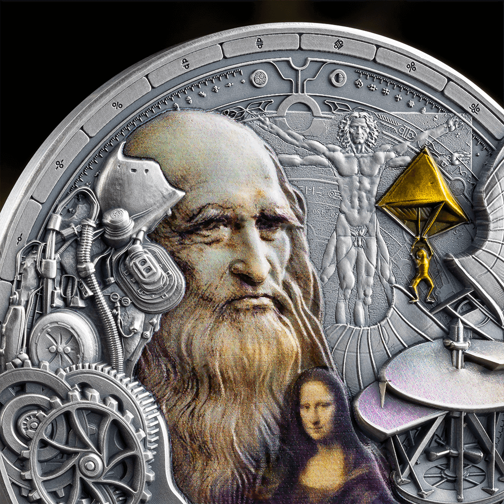 2023 US Silver Coin - Leonardo da Vinci, Mona Lisa, and Albert Einstein, intricate engraved design with mechanical gears and historical figures, collectible fine art coin.
