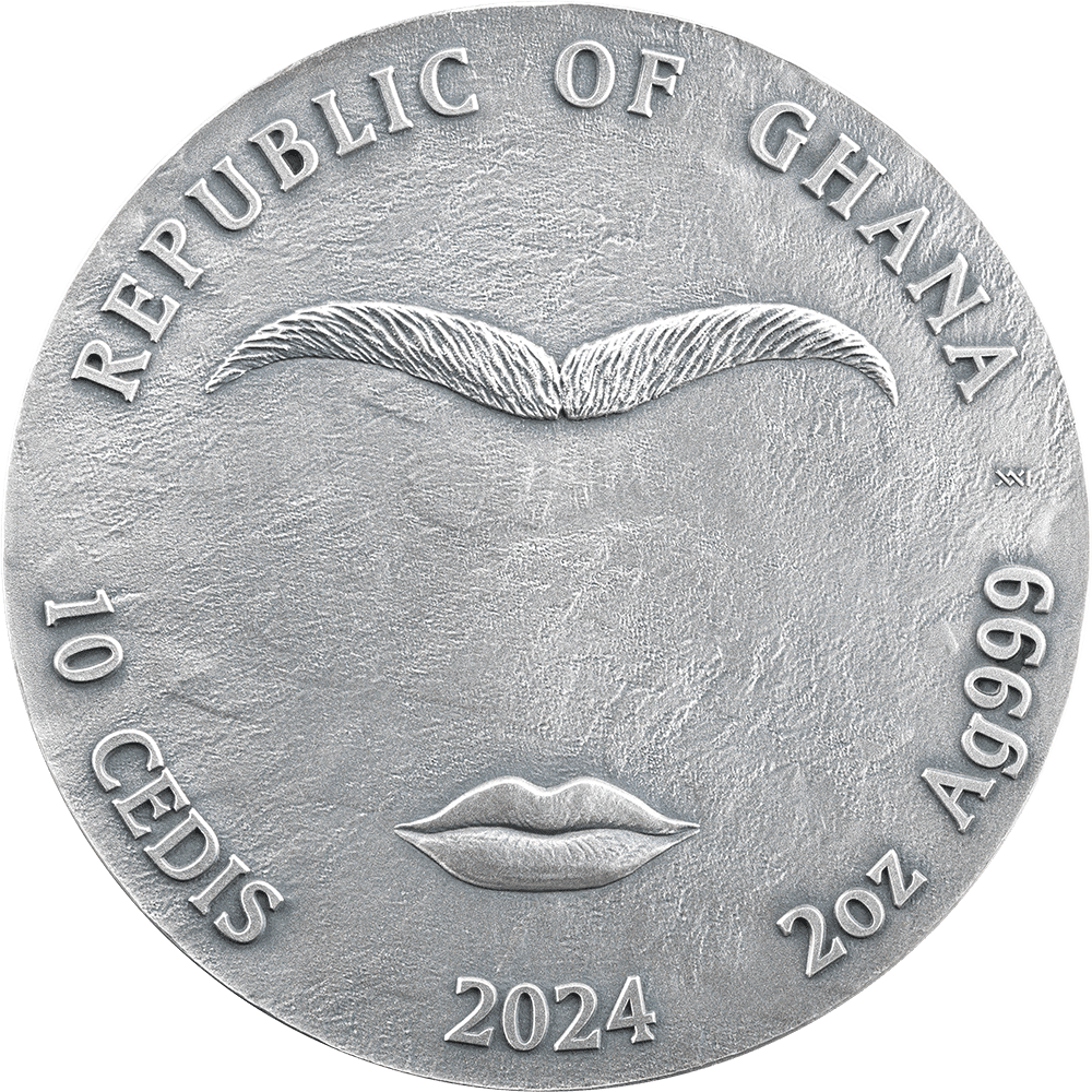 Ghana 2024 10 Cedis coin featuring a face with lips, eyebrows, and a mustache design, with "REPUBLIC OF GHANA" inscribed around the edge.