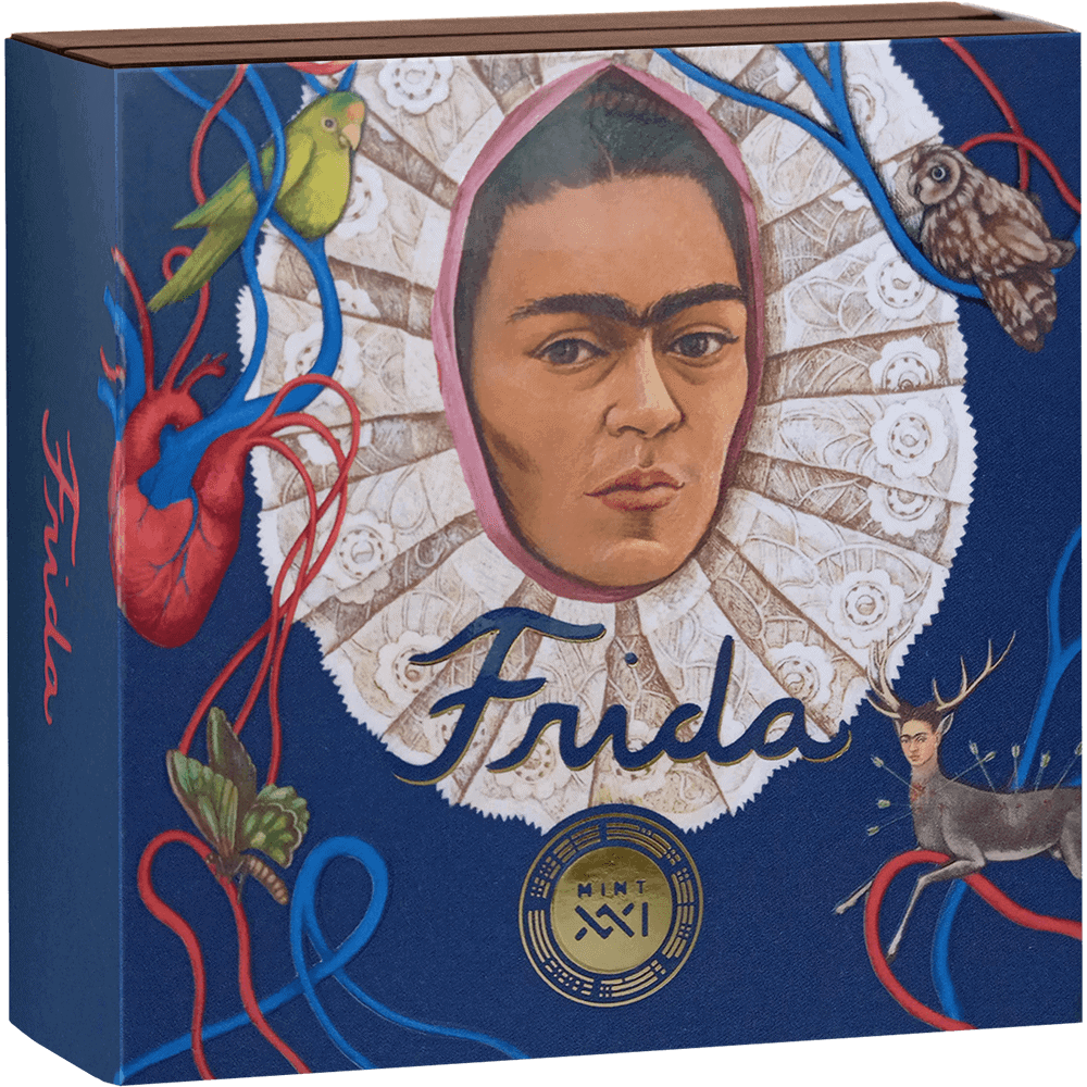 Hand-painted collectible coin box featuring Frida Kahlo inspired artwork, with detailed movie and nature elements, ideal for collectors of cultural and artistic coins.